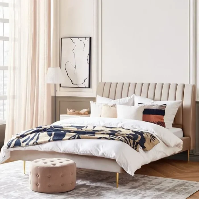 Velvet Upholstered Lined Headboard Bed